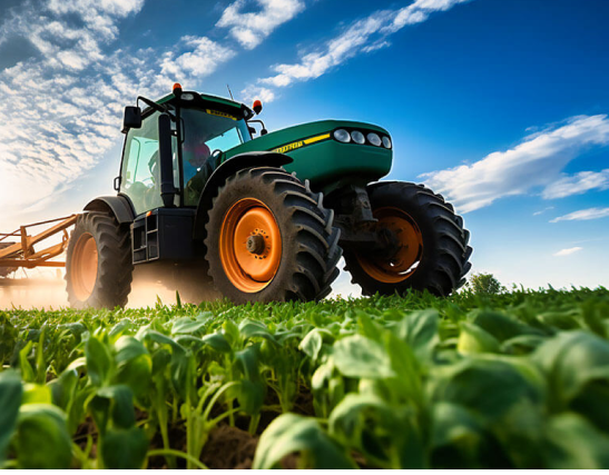 Green tractor in agricultural field